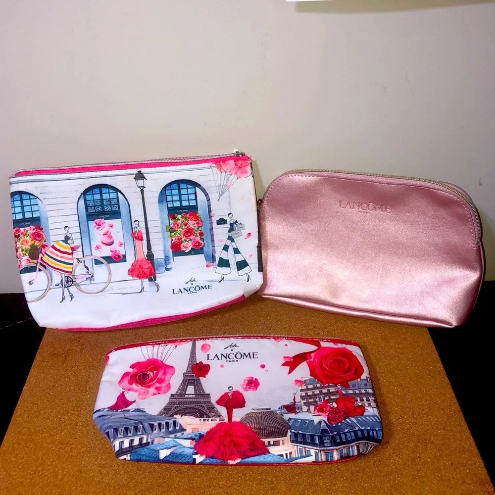 3/$15 Lancome  Paris 3 Makeup Bags 3 Sizes Zipper Pink Travel